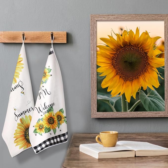 Bencailor 6 Pcs Sunflower Kitchen Decor Sunflower Kitchen Towels Black and White Plaid Pot Holders and Oven Mitts Sets 2 Farmhouse Cooking Mittens for Cooking Grilling Supply Accessories