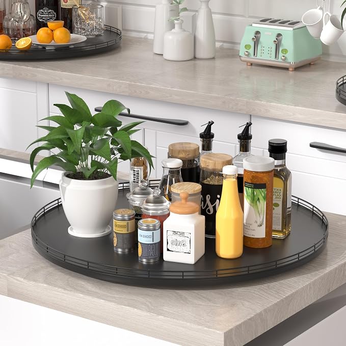 Oroyutor 24-Inch Extra Large Oak Lazy Susan with Black Metal Rail | Rotating oak tray organizes spices, toiletries and decor on kitchen counters, bathroom vanities, dining and coffee tables.