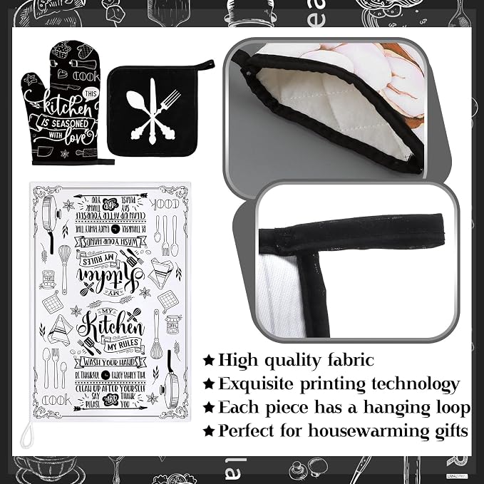 Leinuosen 8 Pcs Home Kitchen Towels and Dishcloths Sets Pot Holders and Oven Mitts Sets Absorbent Kitchen Gloves Potholders Heat Resistant for Chef Baking Cooking