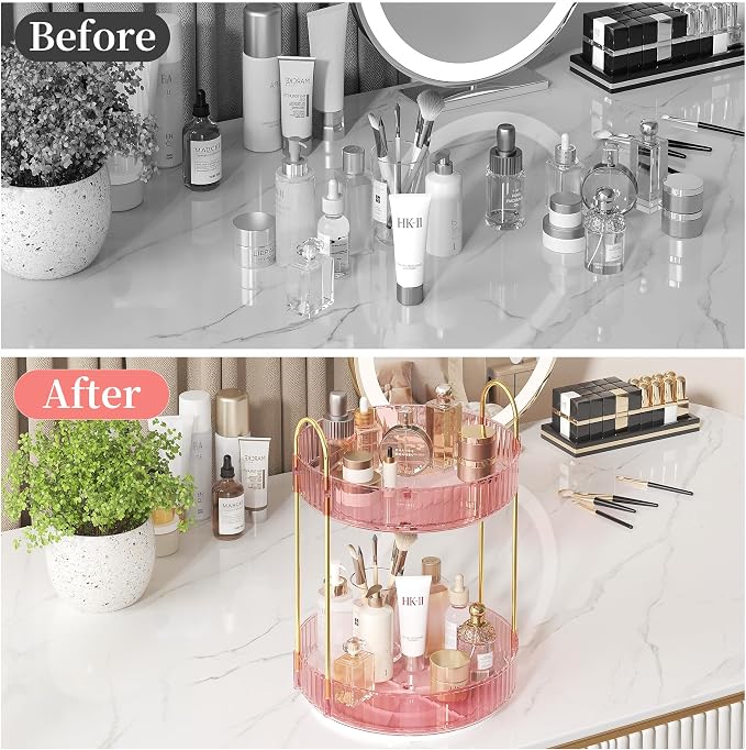 Rotating Makeup Organizer Countertop, Skincare Organizers | Spinning Perfume Tray Stand, Makeup Storage Organizer for Vanity, Bathroom Organizer and Storage, Lazy Susan, 2 Tier, Pink