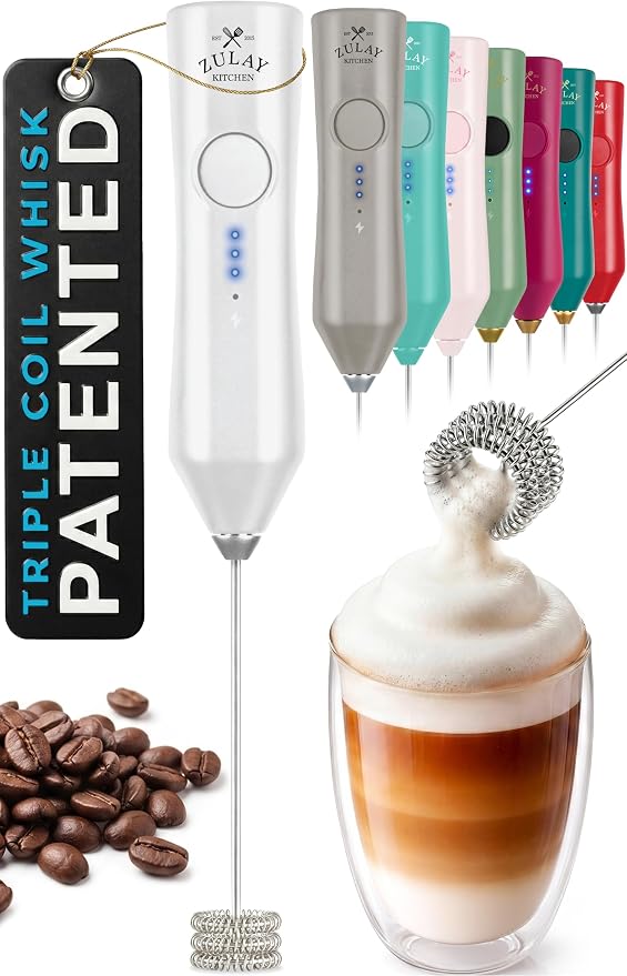 Zulay Kitchen Rechargeable Milk Frother Handheld - Frother Wand, Drink Mixer, Electric Whisk Frother, for Cappuccinos, Matcha & Protein Powder - Dynamic Triple Whisk, 3 Speed 500mAh White