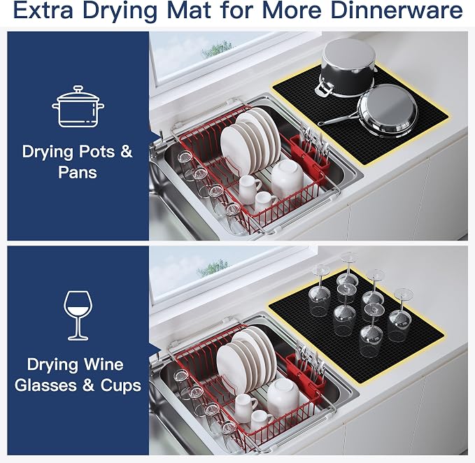 JASIWAY Red Dish Drying Rack in Sink with Mat, Cups and Utensil Holder | Use Over the Sink or Counter, Stainless Steel Expandable Dish Drainer for Small Kitchen, Space Saving, Fast Drain, Rustproof