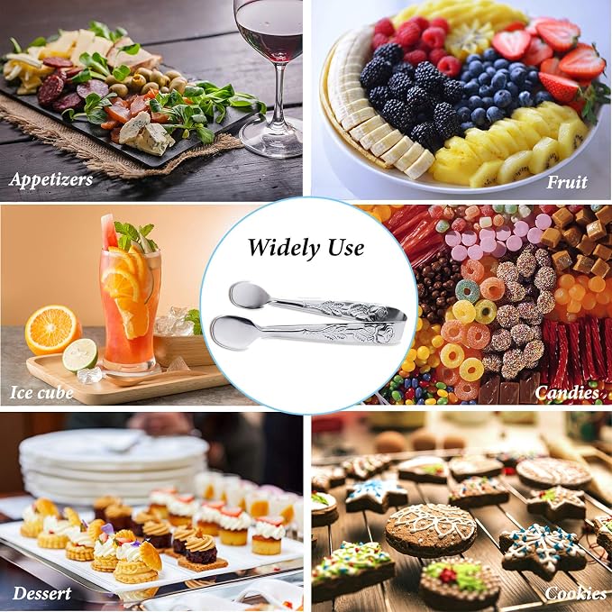 3PCS Mini Serving Tongs, 4Inch Rose Stainless Steel Sugar Cube Tongs, Sliver Small Ice Tong for Tea and Coffee Party, Appetizers, Desserts by Sunenlyst (Silver)