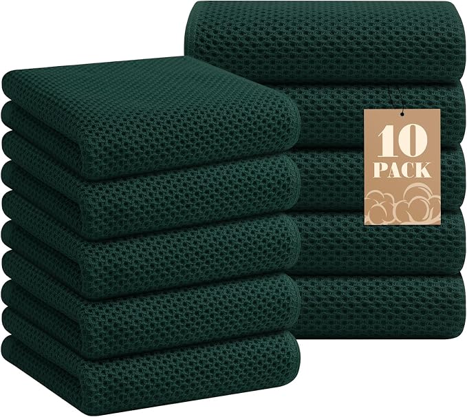 Homaxy 100% Cotton Waffle Weave Kitchen Towels, 10-Pack, Blackish Green | Ultra Soft Absorbent Dish Towels, Quick Drying Cleaning Towels, 13 x 28 Inches