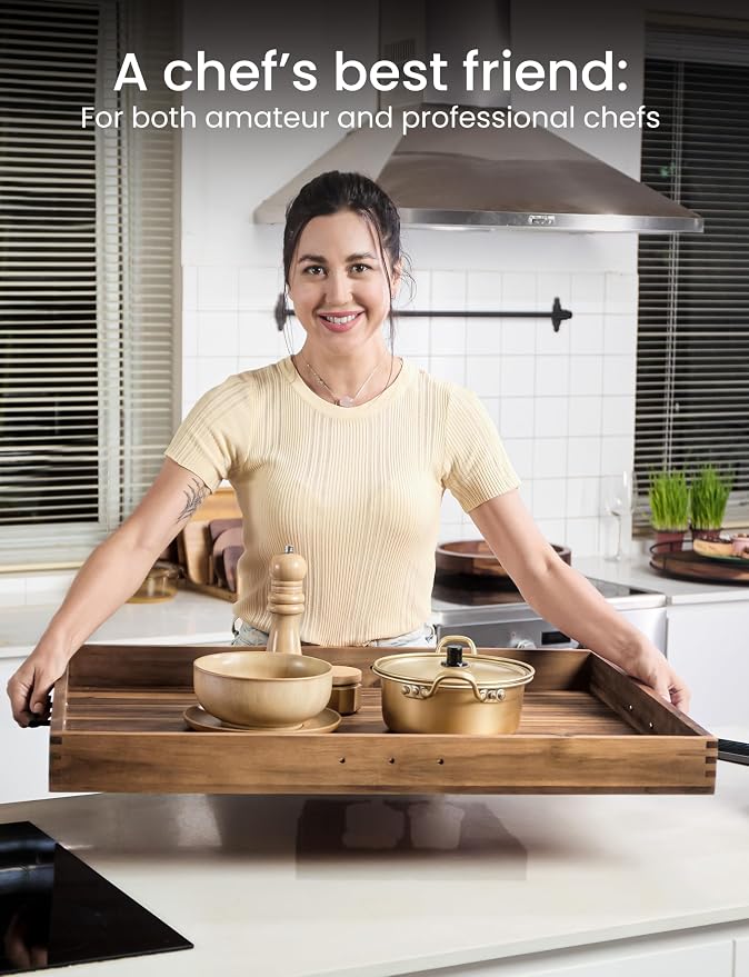 TIDITA Stove Top Covers for Electric Stove, Noodle Board, 30”x22” (Outer) | 28.9”x20.8” (Inner), Walnut color, Acacia Wood, Metal Handles, Non-Skid Pads, Noodles Board Stove Cover, Easy Assembly