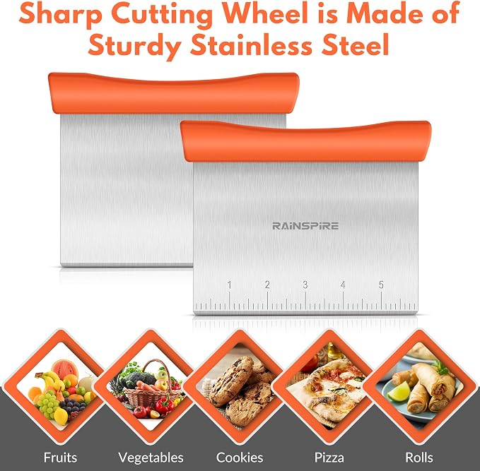 Upgraded 304 Stainless Steel Multi-Purpose Bench Scraper with Measurement Marks, Dishwasher Safe, Dough Cutter for Pizza, Bread and Cookie Dough Vegetable Chopper, Baking Supplies, Orange