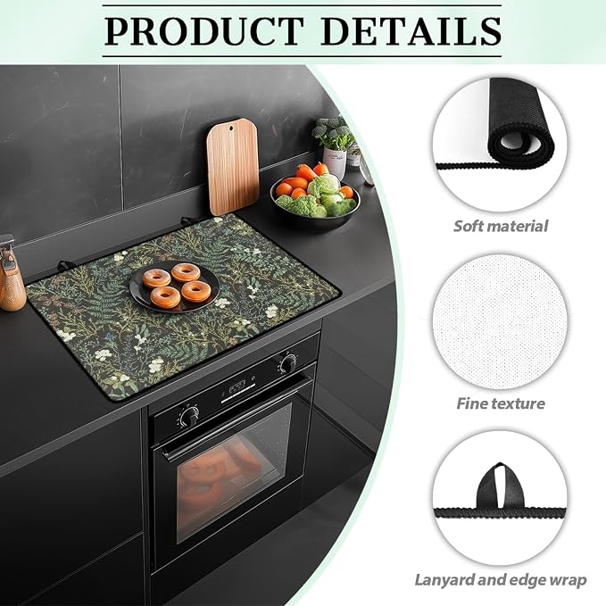 Botanical Print Stove Top Covers for Electric Stove Floral Black Sage Green Flower Plant Glass Top Gas Stove Pad Heat Resistant Range Cooktop Mat for Kitchen 28"x20"