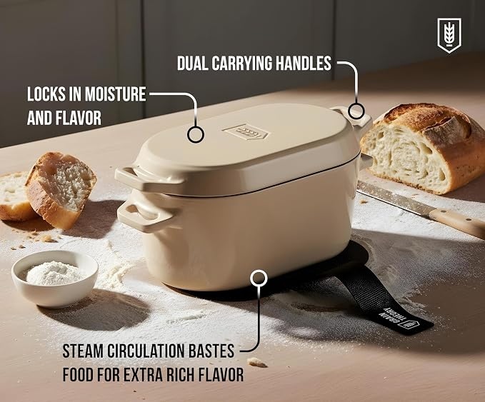 Kook Oval Dutch Oven, for Bread Baking, Sourdough Loaf Pan, Dual Handles, Enameled Cast Iron, with Sling, Dishwasher Safe, 3.4 Qt, Ivory