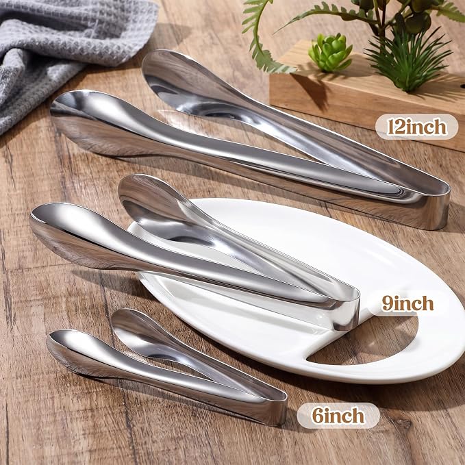 4 Pack Polished Stainless Steel Serving Tongs 6 and 9 Inch Metal Food Silver Tong for Buffet Salad BBQ Grilling Heavy Duty Kitchen Utensils for Cooking Catering Wedding Party