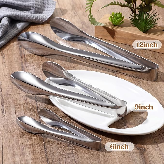 4 Pack 9 Inch and 12 Inch Serving Food Tongs Silver Buffet Stainless Steel Tongs Polished Heavy Duty Kitchen Tableware Set for Cooking Salad Party Picking up Ice Appetizers and More