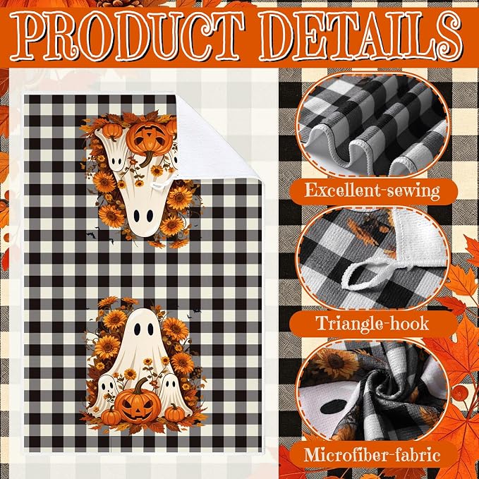 4 Pcs Fall Kitchen Towels, Ghost Pumpkin Hand Dish Clothes Gifts | Absorbent Fast Drying Decorative Towels, Buffalo Plaid Farmhouse Halloween Kitchen Decor, Housewarming Gifts