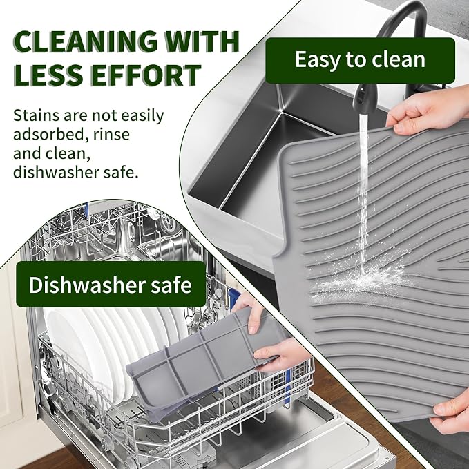 Silicone Dish Drying Mat for Kitchen Counter, 16" x 13" Grey-1pcs | Heat Resistant & Non-Slip Dish Drain Pad with Built-In Drain, Quick-Dry, Hangable & Roll-Up for Storage，Multi-Functional Use