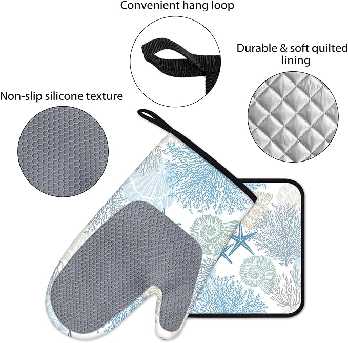 Coastal Oven Mitts and Pot Holders Sets of 4 Nautical Kitchen Decor Starfish Seashell Beach Ocean Themed Kitchen Mitts Potholders Silicone Heat Resistant Oven Gloves Hot Pads for Baking BBQ Grilling