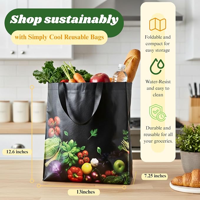 Simply Cool 25 Pack Reusable Grocery Bags, Large Tote Bags Bulk, Black | 13”x12.6”x7.25" Heavy Duty Non-woven Printed Shopping Bags with Handles, Foldable, Washable for Retail and Commercial use
