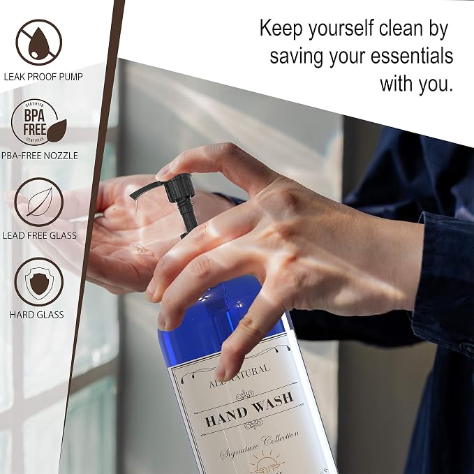 Cobalt Blue Glass Soap Dispenser with Pump, 16 oz | Blue Glass, Plastic Pump Hand and Dish, Bathroom and Kitchen Sink, Includes 6 Waterproof labels, (Pack of 2)