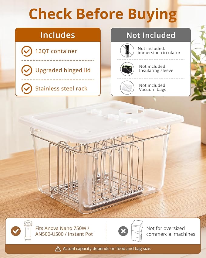 EVERIE 12 Quart Sous Vide Container with Collapsible Hinged Lid + Wobble-Free Stainless Steel Rack Divider— NSF Approved Container, BPA-Free Lid, Compatible with Anova and Instant Pot