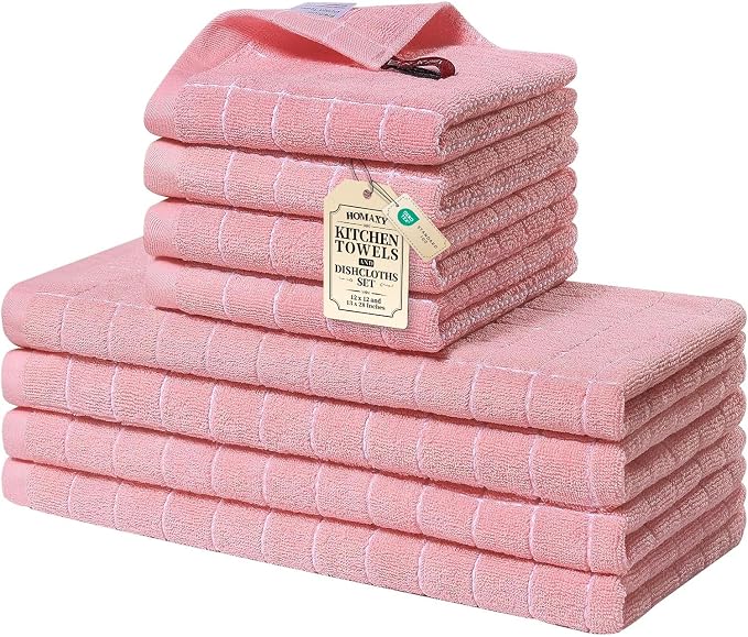 Homaxy Kitchen Towels and Dishcloths Set, Set of 8, Pink | Bulk Cotton Terry Kitchen Towels, Checkered Designed, Soft and Super Absorbent Dish Towels, 12 x 12 and 13 x 28 Inches