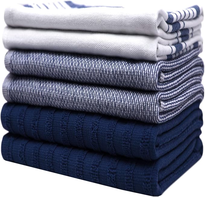 Premium Kitchen Towels 6 Pack 100% Cotton 20"x28" Dish Towels Navy Striped | Large Flat & Terry Kitchen Linen Set with Hanging Loops, Highly Absorbent for Washing and Drying Dishes