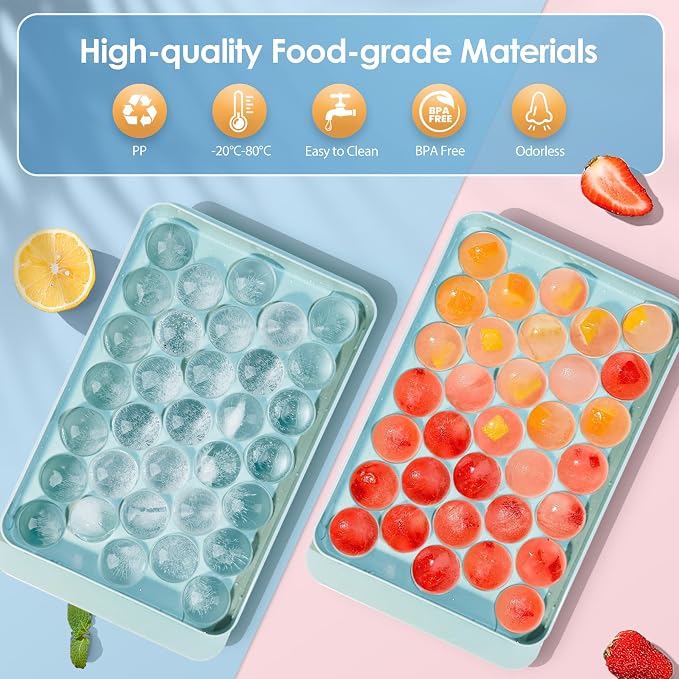 Ice Cube Tray with Lid and Bin, 0.8" Round Ice Trays for Freezer | 2 Blue Ice Cube Trays with Ice Box & Scoop, 0.8" Round Ice Balls for Iced Coffee & Juice, Easy Twist Release, For Gatherings