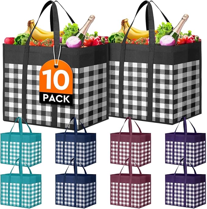 Reusable Grocery Shopping Bags 10 Pack Large Foldable Tote Bags Bulk | Eco Produce Bags with Long Handle for Shopping Groceries Clothes (Plaid C)