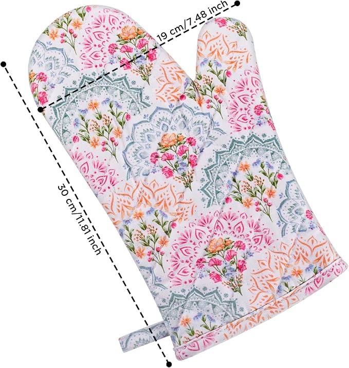 BONTHEE Oven Mitt Extra Long Cotton Cooking Kitchen Mitts with Non-Slip Striped Oven Mitts for Cooking Baking Grilling - Mandala - Oven Gloves - 2PCS