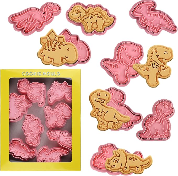 8 Pcs 3D Dinosaur Cookie Cutters With Plunger Stampers | Different Dinosaurs Shapes Embossing Cutters For Biscuit Fondant Cheese Baking