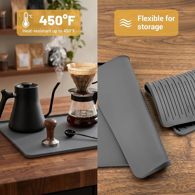 24×16-inch Barista-Grade Coffee Station Mat: Catch Spills, Protect Countertops! Silicone, Water Resistant & Heat Resistant. Perfect Under, as Dish Dryer or Pet Mat.(Grey)