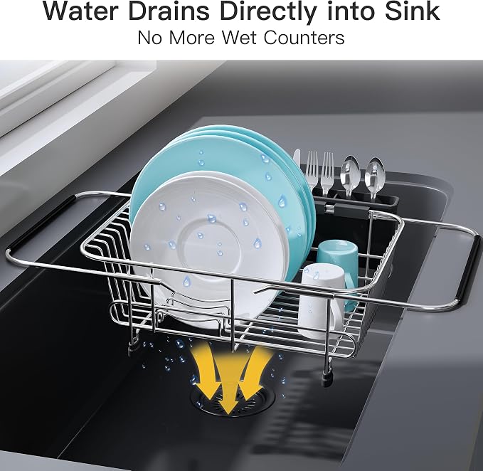 JASIWAY Sink Small Dish Drying Rack with Utensil Holder, for RV, Apartment | Over Sink Expandable Stainless Steel Dish Drainers for Compact Kitchen, Space Saving, Fast Drain, Rustproof, For 1-2 people
