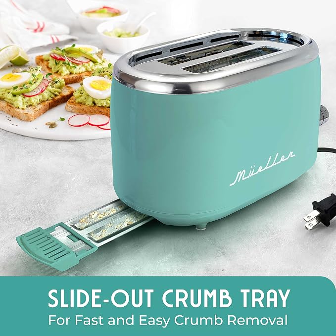 MUELLER HOME Retro Toaster 2 Slice, 7 Browning Levels | 3 Functions (Reheat, Defrost, Cancel), Stainless Steel Features, Removable Crumb Tray, Under Base Cord Storage, Turquoise