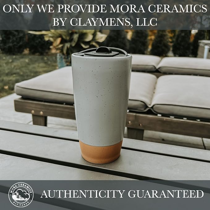 Mora Double Wall Ceramic Coffee Travel Mug with Lid, 14 oz, Portable, Microwave, Dishwasher Safe, Insulated Reusable Tall Cup, Splash Resistant Lid - To Go Tumbler for Car Cup Holder, Overcast Grey
