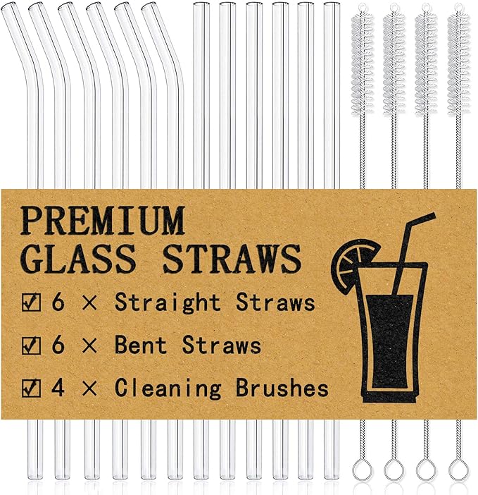 Piteno® 12Pcs Glass Straws with 4Pcs Brushes, Clear Glass Drinking Straws, 10''x10MM, Set of 6 Straight and 6 Bent with 4 Cleaning Brushes, Perfect for Smoothies, Milkshakes, Juice, Tea