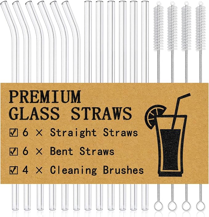 Piteno® 12Pcs Glass Straws with 4Pcs Brushes, Reusable Clear Glass Drinking Straws, 8.5''x10MM, Set of 6 Straight and 6 Bent with 4 Cleaning Brushes, Perfect for Smoothies, Milkshakes, Juice, Tea
