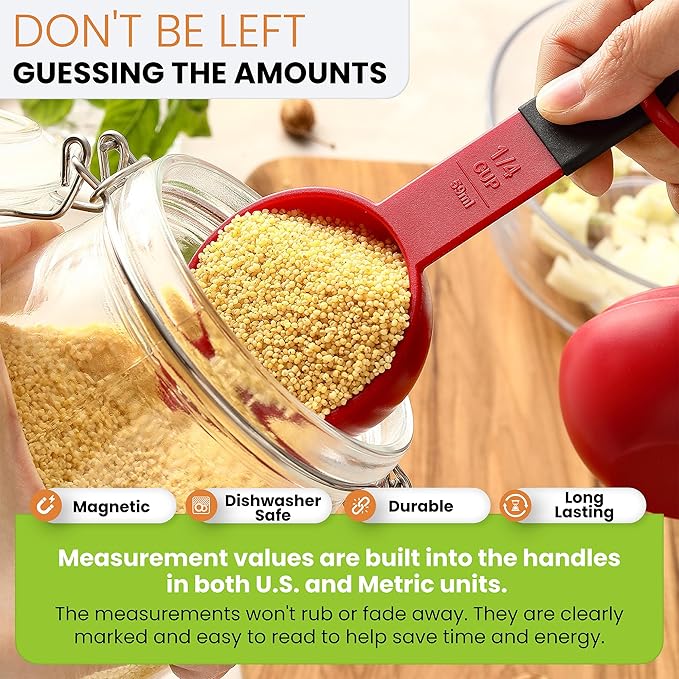 Spring Chef Set of 9 Plastic Magnetic Red Measuring Cups and Spoons | for Dry & Liquid Ingredients - Food Safe & BPA Free - Nesting Design - Dishwasher Safe