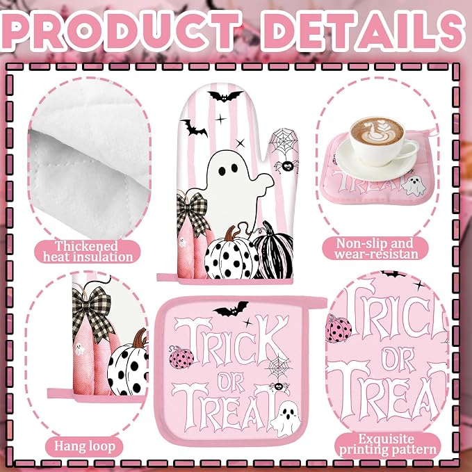 Fanfanwin 10 Pcs Pink Happy Halloween Kitchen Decor Set Pumpkins Ghost Boo Kitchen Rugs Towels Pot Holders Oven Mitts Trick or Treat Decorations for Halloween Baking Cooking BBQ