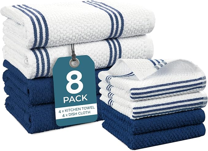Casa Platino Kitchen Towel Set 8 Pc 4 Dish Cloths (13"x13") & 4 Kitchen Towels (16"x26") - Absorbent, Quick Dry, Soft, Durable Dish Rags With Hanging Loop for Wiping Surfaces & Drying Dishes - Blue.