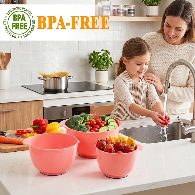 BoxedHome Classic Mixing Bowls Set of 4, BPA Free Plastic, Microwave Safe | 4.5, 3.5, 2.5 and 1.7 qt, Non-slip Base Large Non-toxic Nesting Bowl with Pour Spout, Dishwasher Safe, for Prep, Cooking