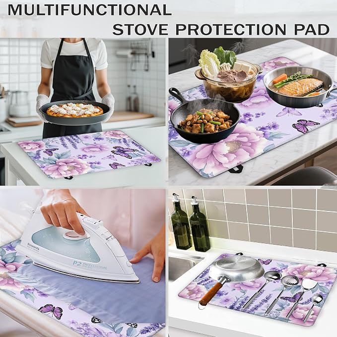 Purple Flowers Glass Top Stove Cover Protector,Watercolor Butterfly Heat Resistant Stove Top Cover, Large Size Range Covers for Electric Stove Countertop Mat, 28 x 20 Inch