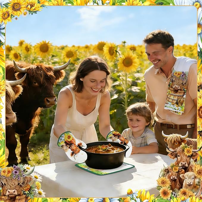 8 PCS Highland Cow Kitchen Decor and Accessories, 4 Dish Towels Set 2 Oven Mitts and Pot Holders Sets for Cooking Baking Home Sweet Home Sunflower Cattle Watercolor Farmhome