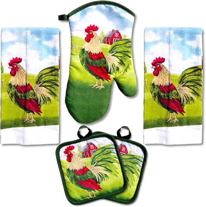 Proud Rooster & Red Barn Motif, 5 Piece Set | Kitchen Towel Set with 2 Decorative Dish Towels (25 X15), 1 Oven Mitt (11 X 7) and 2 Potholders (6.5 X 6.5)