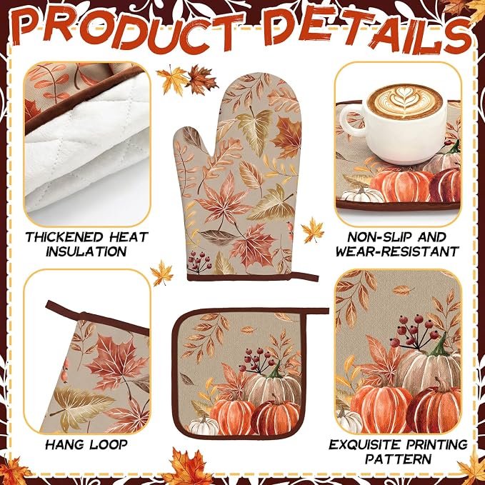 Fourluoo 10 Pcs Kitchen Dish Towels Rugs Oven Mitts and Pot Holders Set Farmhouse Kitchen Decor Set for Women Mom Daughter Gift Cooking Baking Grilling(Antique Color,Maple Leaf, Pumpkin)