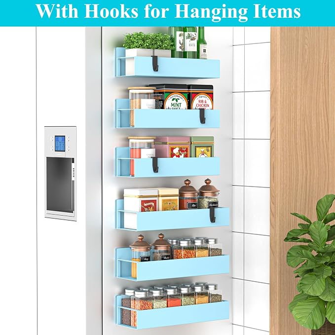 Metal Magnetic Spice Rack for Refrigerator Blue, 6 Pack | Magnetic Shelves Heavy Duty for Fridge in Kitchen, Seasoning Storage Organizer, For Oven Washer and Dryer, For Heavier Items