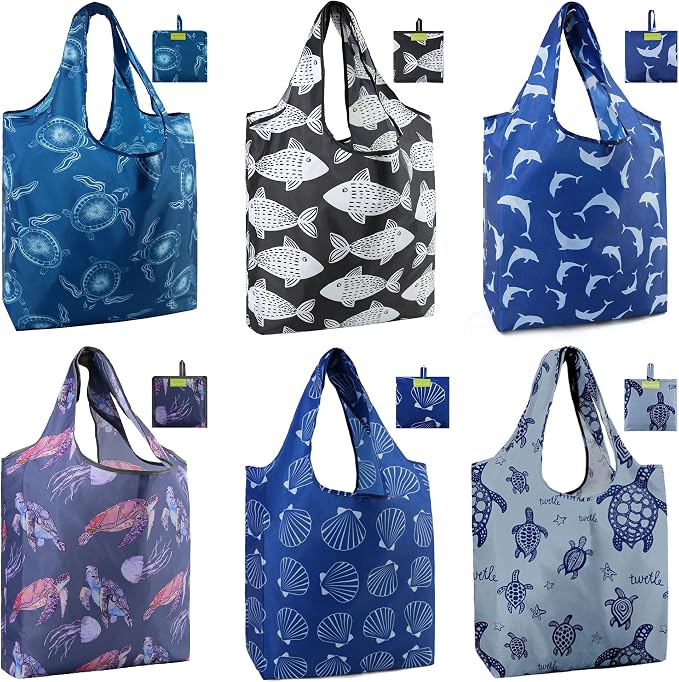 BeeGreen Reusable Grocery Bags for Groceries | Foldable Tote Bags with Handles Reusable Gift 6 Set - Heavy Duty Washable Polyester Travel and Shopping Basket - Bulk Bag for Women Animal Lovers