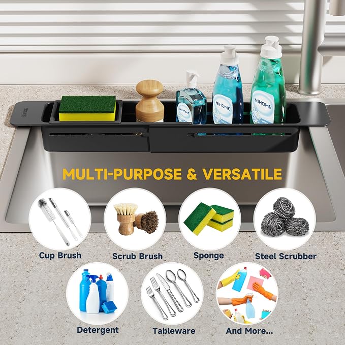 NiHome Extendable Kitchen Sink Caddy Extra Long Brush Sponge Storage Holder | Expandable Kitchen In Sink Organizer Extra Long for Brush & Sponge with Drainage, Adjustable Length, Non-Slip Pads (Black)