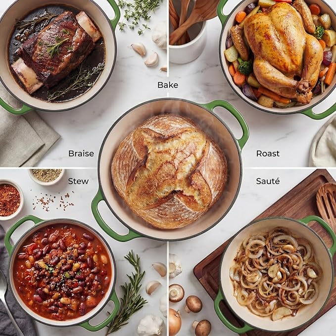 Zulay Kitchen 6.4QT Enameled Cast Iron Dutch Oven Pot with Lid, Heavy-Duty Soup Pot for Stews, Braising, Roasting & Sourdough Bread Baking, Oven Safe up to 500°F - Green