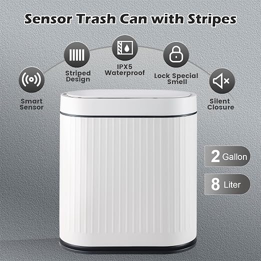 SYNCVIBE Bathroom Sensor Trash Can with Lid, 2 Gallon, White Black | Automatic Garbage Can, 7.5 Liter Smart Trash Bin, Waterproof Plastic Wastebasket for Office and Bedroom