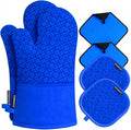 Oven Mitts and Pot Holders Sets 6pcs, Kitchen Oven Glove,High Heat Resistant 550 Degree Extra Long Oven Mitts and Potholders with Non-Slip Silicone Surface for Home Essentials (Grey) (Navy Blue)