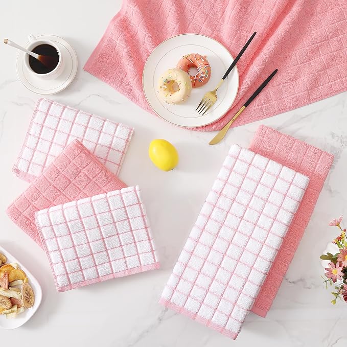 Homaxy Large Premium Cotton Kitchen Towels 16"x 28", 4 Pack, Pink | Natural Ring Spun 390 GSM Dish Towels, Super Absorbent Terry Kitchen Hand Towels, Soft Tea Towels with Hanging Loop