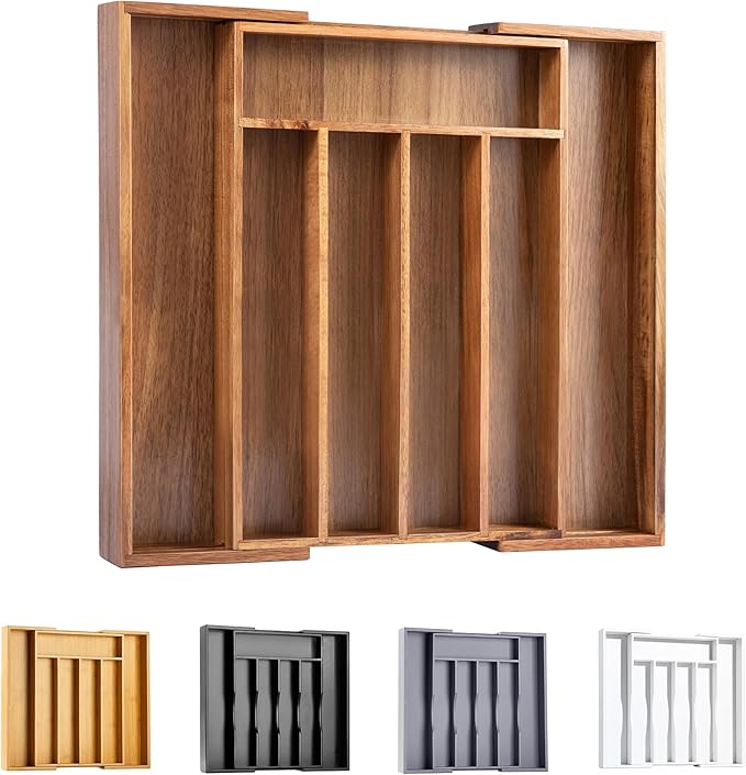 Acacia Silverware Organizer Kitchen Drawer Organizer Expandable Bamboo Utensil Holder Cutlery Tray for Kitchen Utensil and Flatware Bedroom Office