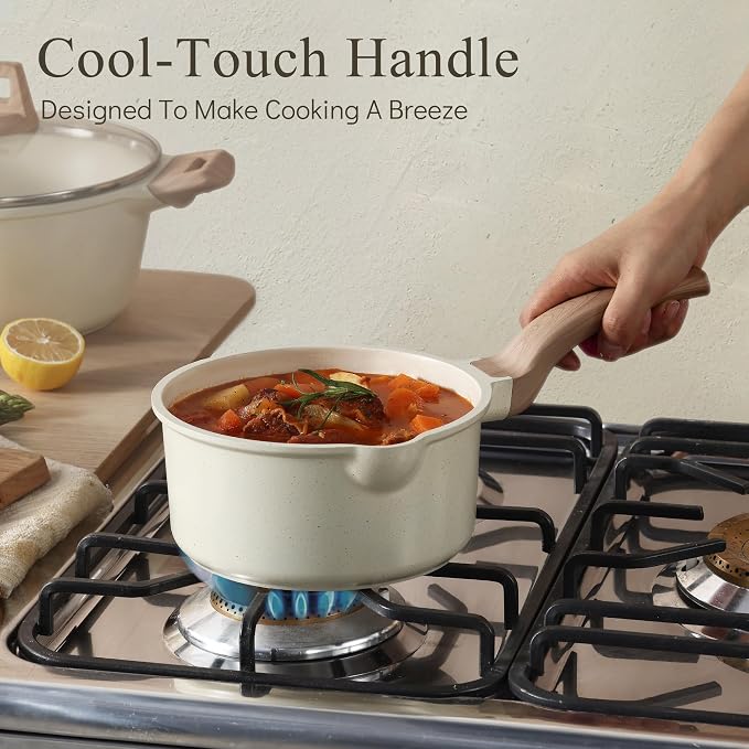 CAROTE Nonstick 1.5Qt & 3.0Qt Sauce Pan Sets with Lid, White | Kitchen Non Toxic Cookware with Stay-cool Handle, All Stovetops Compatible, Dishwasher Safe, PFOA Free