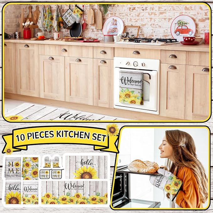 Fourluoo 10 Pcs Farmhouse Sunflower Kitchen Decor Set Sunflower Kitchen Towels and Rugs Oven Mitts Pot Holders for Cooking Baking Grilling Gift